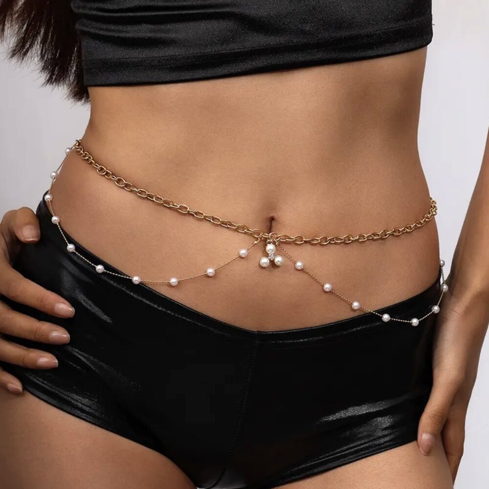 NEW Gold and White Pearl Elegant Waist Chain Belt Layered Belly Chain - Picture 6 of 7